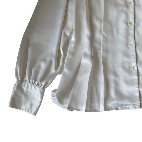 Vintage 1980s Satin Blouse Lace Floral Collar Button Down Made in Korea White 10 - Picture 8 of 11